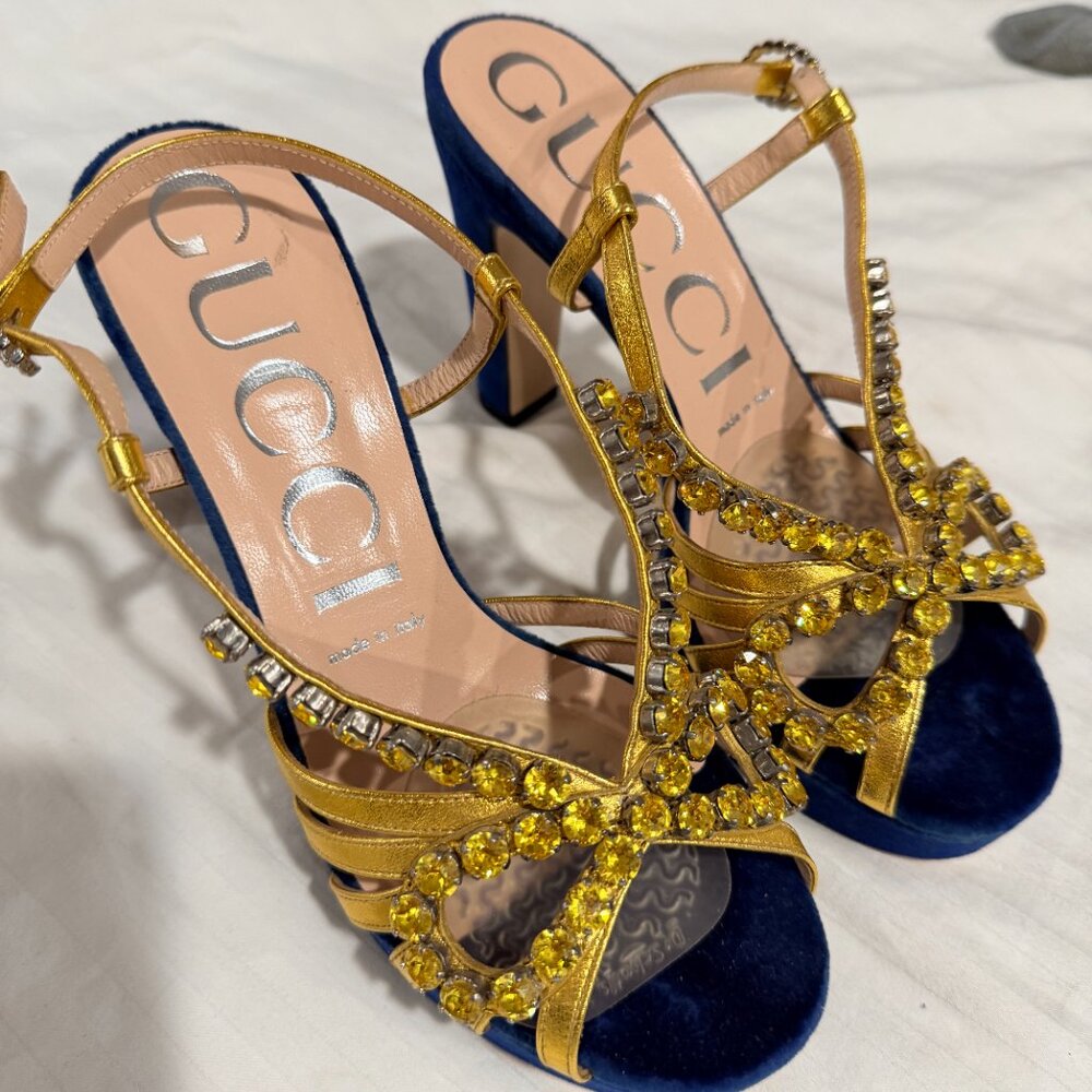 Gucci Zephyra Gold Crystal Blue Velvet Heels | Size 37 US 7 - Picture 14 of 15